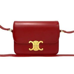 CELINE Triomphe Logo Hardware Leather Mini Shoulder Bag Pochette Red 36147